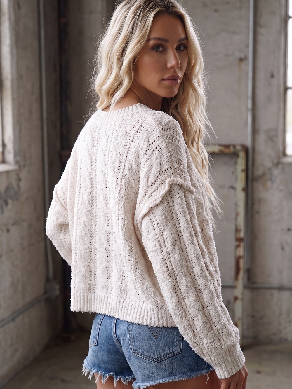 NWT POL Semi Cropped V-Neck Cable Knit Chunky Relaxed Fit Soft Sweater - Picture 7 of 7